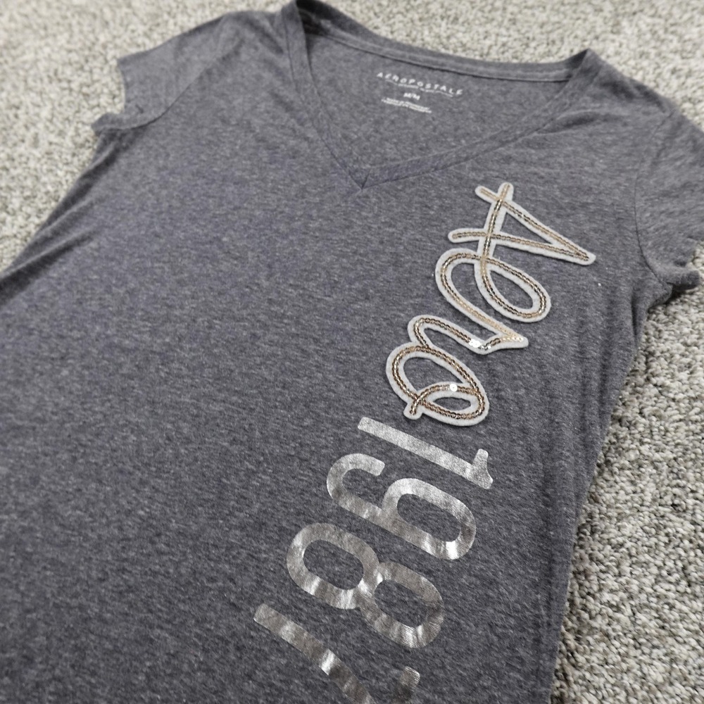 Aeropostale Shirt Womens M Gray V Neck Sequin Graphic Logo Babydoll Tee Top Y2K
